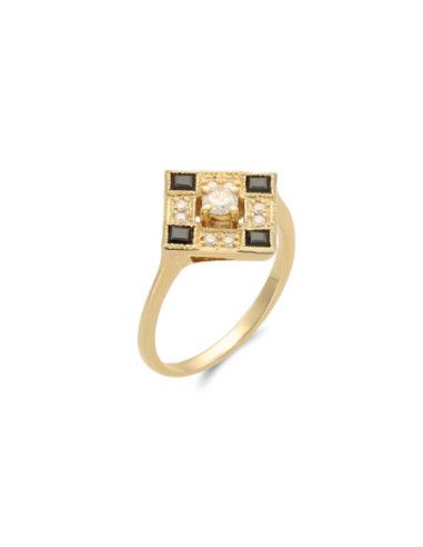 Anillo Oro Amarillo, Diamantes Y Ónix