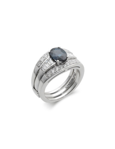Anillo Oro Blanco, Zafiro Y Diamantes