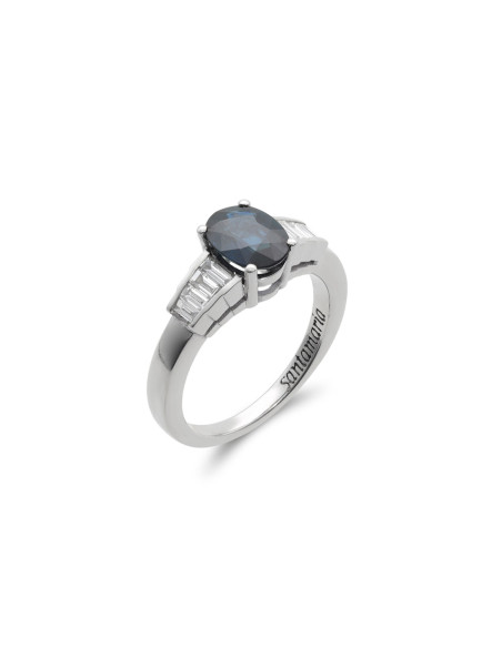 Anillo Oro Blanco, Zafiro Y Diamantes