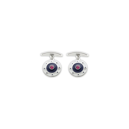 Gemelos Plata, Rubí, Esmalte Blanco Y Azul. Género: Hombre. Material: Plata. Piedras: Rubies