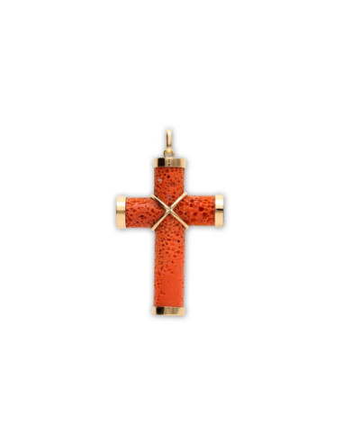 Colgante Cruz Oro Amarillo Y Coral