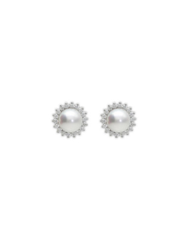 Pendientes Oro Blanco, Diamantes Y Perla