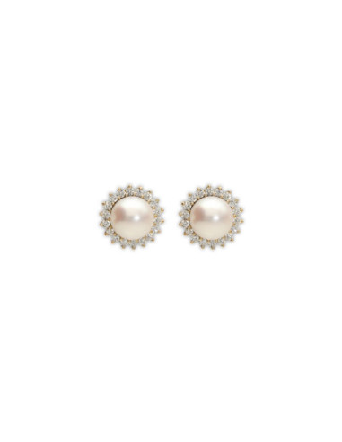 Pendientes Oro Amarillo, Diamantes Y Perla