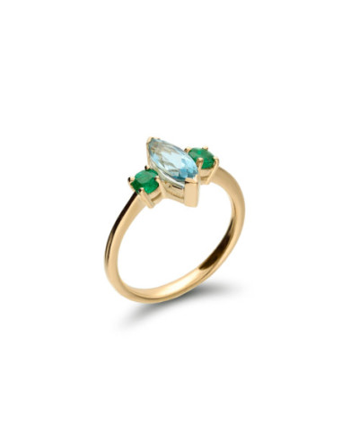 Anillo Oro Amarillo, Aguamarina Y Esmeraldas