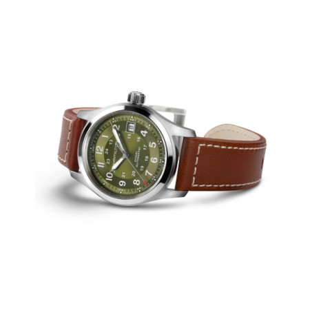 Reloj Hamilton Khaki Field Auto H70455560. Género: Hombre. Material: Acero. Tamaño: De 32mm a 38mm. Correa: Piel. Color esfera: Verde. Estilo: Casual. Movimiento: Automático. Características técnicas: Calendario,Hora y segundero,Reserva de marcha