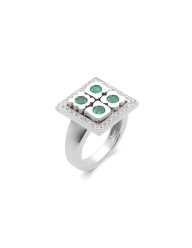 Anillo Oro Blanco, Esmeraldas Y Diamantes