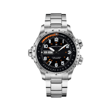 Reloj Hamilton Khaki Aviation X-Wind Day Date Auto H77755133. Género: Hombre. Material: Acero. Tamaño: De 43mm a 46mm. Correa: Acero. Color esfera: Negro. Estilo: Aviador. Movimiento: Automático. Características técnicas: Calendario,Hora y segundero,Reserva de marcha