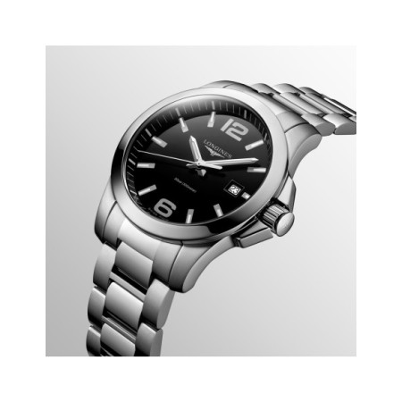 Reloj Longines Conquest L3.759.4.58.6. Género: Hombre. Material: Acero. Tamaño: De 39mm a 42mm. Correa: Acero. Color esfera: Negro. Estilo: Clásico,Casual. Movimiento: Cuarzo. Características técnicas: Hora y segundero,Calendario