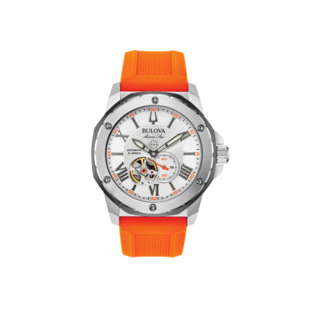 Reloj Bulova Marine Star Automatic 98A226. Género: Hombre. Material: Acero. Tamaño: De 43mm a 46mm. Correa: Silicona. Color esfera: Blanco. Estilo: Deportivo. Movimiento: Automático. Características técnicas: Hora y segundero,Reserva de marcha