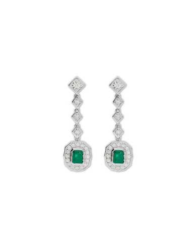 Pendientes Oro Blanco, Esmeralda Y Diamantes