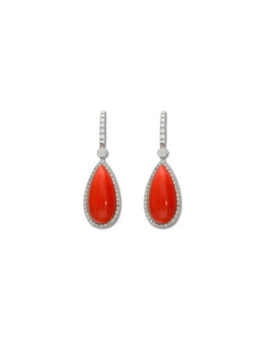 Pendientes Oro Blanco, Coral Y Diamantes