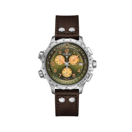 Reloj Hamilton Khaki Aviation X-Wind GMT Chrono Quartz H77932560. Género: Hombre. Material: Acero. Tamaño: De 43mm a 46mm. Correa: Piel. Color esfera: Verde. Estilo: Aviador. Movimiento: Cuarzo. Características técnicas: Calendario,Cronógrafo,Hora y segundero