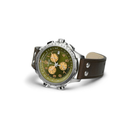 Reloj Hamilton Khaki Aviation X-Wind GMT Chrono Quartz H77932560. Género: Hombre. Material: Acero. Tamaño: De 43mm a 46mm. Correa: Piel. Color esfera: Verde. Estilo: Aviador. Movimiento: Cuarzo. Características técnicas: Calendario,Cronógrafo,Hora y segundero