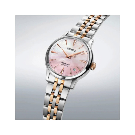 Reloj Seiko Presage Cocktail Time Sakura Aviation SRPM06J1. Género: Mujer. Material: Acero. Tamaño: De 32mm a 38mm. Correa: Acero. Color esfera: Nácar. Estilo: Clásico. Movimiento: Automático. Características técnicas: Calendario,Reserva de marcha,Hora y segundero