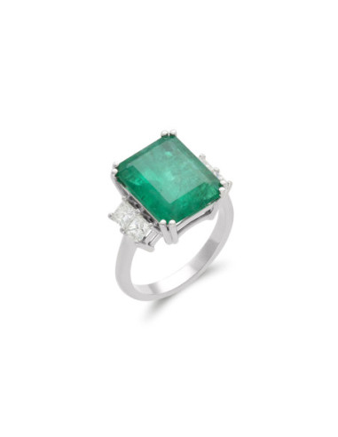 Anillo Oro Blanco, Esmeralda Y Diamantes