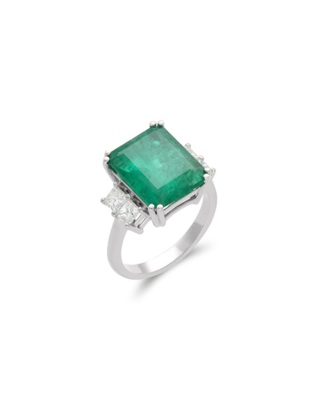 Anillo Oro Blanco, Esmeralda Y Diamantes