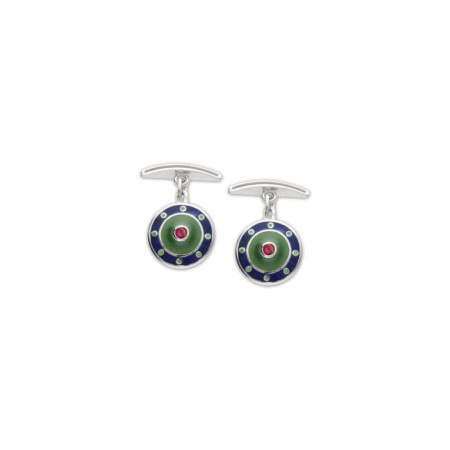 Gemelos Plata, Rubí, Esmalte Azul Y Verde. Género: Hombre. Material: Plata. Piedras: Rubies
