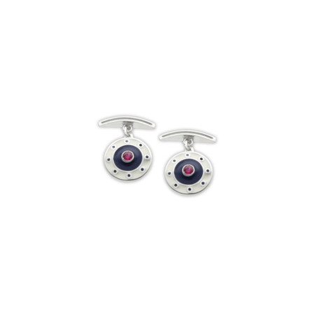 Gemelos Plata, Rubí, Esmalte Blanco Y Azul. Género: Hombre. Material: Plata. Piedras: Rubies