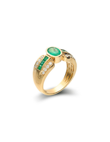 Anillo Oro Amarillo, Esmeraldas Y Diamantes
