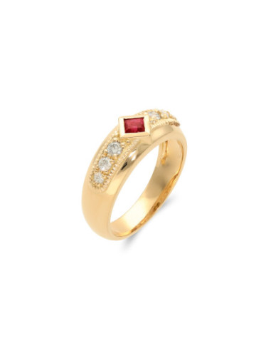 Anillo Oro Amarillo, Rubí Y Diamantes