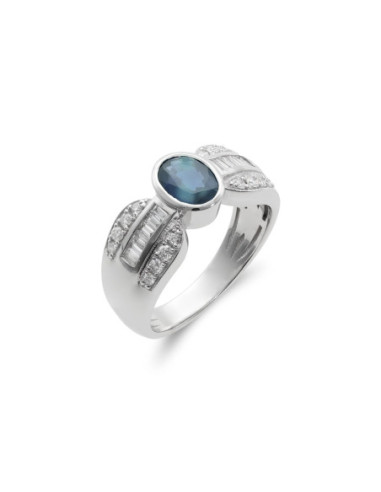 Anillo Oro Blanco, Zafiro Y Diamantes