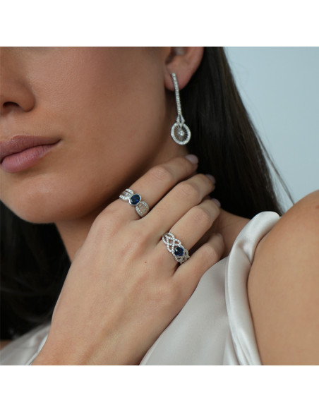 Anillo Oro Blanco, Zafiro Y Diamantes