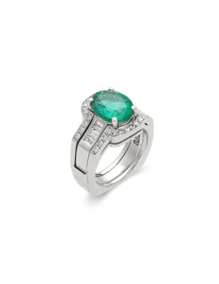 Anillo Oro Blanco, Esmeralda Y Diamantes