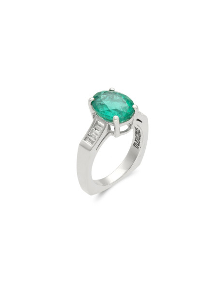 Anillo Oro Blanco, Esmeralda Y Diamantes