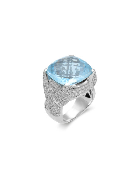 Anillo Oro Blanco, Topacio Y Diamantes
