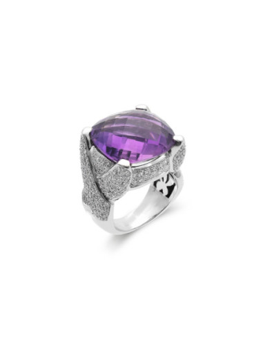 Anillo Oro Blanco, Amatista Y Diamantes