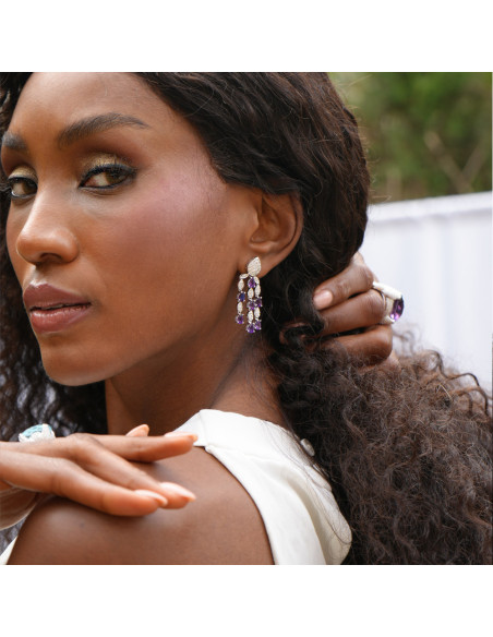 Pendientes Oro Blanco, Amatistas Y Diamantes