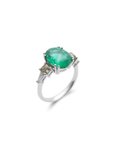 Anillo Oro Blanco, Esmeralda Y Diamantes
