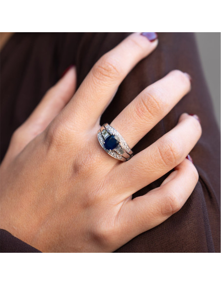 Anillo Oro Blanco, Zafiro Y Diamantes