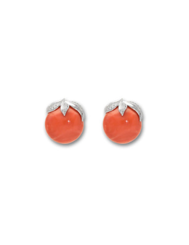 Pendientes Oro Blanco, Diamantes Y Coral