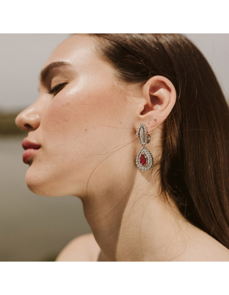 Pendientes Oro Blanco, Rubí Y Diamantes