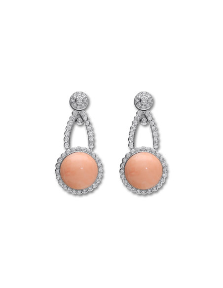Pendientes Oro Blanco, Coral Y Diamantes
