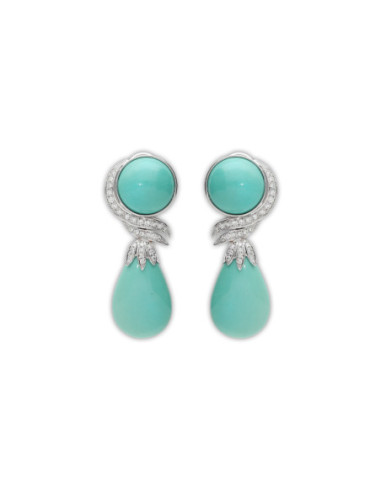 Pendientes Oro Blanco, Diamantes Y Turquesas