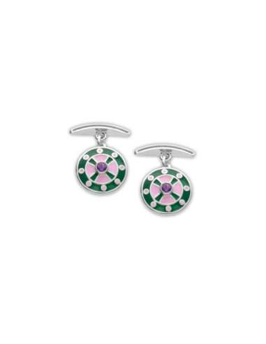 Gemelos Plata, Amatista, Esmalte Rosa Y Verde