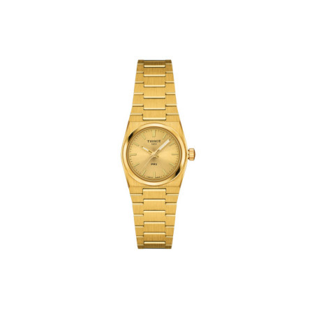 Reloj Tissot PRX 25MM T137.010.33.021.00. Género: Mujer. Material: Acero. Tamaño: Menos de 32mm. Correa: Acero. Color esfera: Dorada. Estilo: Clásico. Movimiento: Cuarzo. Características técnicas: Hora y segundero