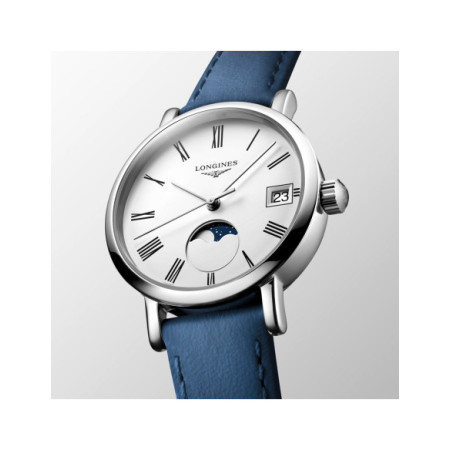 Reloj Longines Elegant Collection Moonphase L4.330.4.11.2. Género: Mujer. Material: Acero. Tamaño: Menos de 32mm. Correa: Piel. Color esfera: Blanco. Estilo: Clásico. Movimiento: Cuarzo. Características técnicas: Calendario,Hora y segundero,Fases lunares