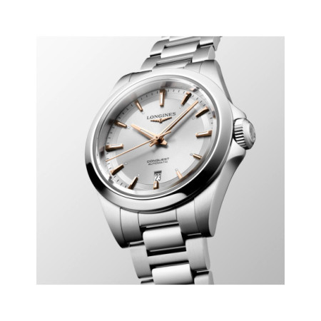 Reloj Longines Conquest L3.320.4.72.6. Género: Mujer. Material: Acero. Tamaño: Menos de 32mm. Correa: Acero. Color esfera: Plata. Estilo: Cocktail,Clásico,Casual. Movimiento: Automático. Características técnicas: Hora y segundero,Calendario,Reserva de marcha