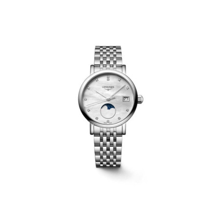 Reloj Longines Elegant Collection Moonphase L4.330.4.87.6. Género: Mujer. Material: Acero. Tamaño: Menos de 32mm. Correa: Acero. Color esfera: Nácar. Estilo: Clásico. Movimiento: Cuarzo. Características técnicas: Calendario,Fases lunares,Hora y segundero