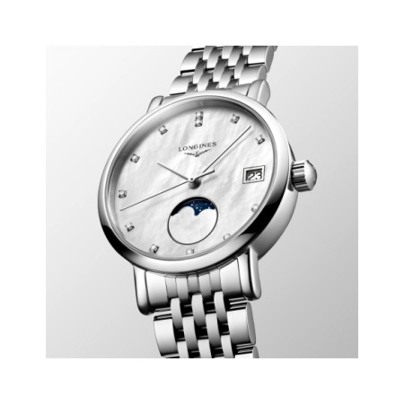 Reloj Longines Elegant Collection Moonphase L4.330.4.87.6. Género: Mujer. Material: Acero. Tamaño: Menos de 32mm. Correa: Acero. Color esfera: Nácar. Estilo: Clásico. Movimiento: Cuarzo. Características técnicas: Calendario,Fases lunares,Hora y segundero