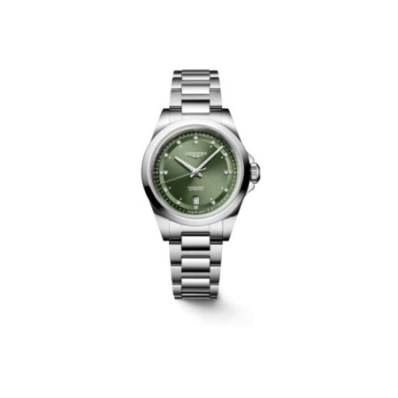 Reloj Longines Conquest L3.320.4.07.6. Género: Mujer. Material: Acero. Tamaño: Menos de 32mm. Correa: Acero. Color esfera: Verde. Estilo: Cocktail. Movimiento: Automático. Características técnicas: Calendario,Hora y segundero,Reserva de marcha