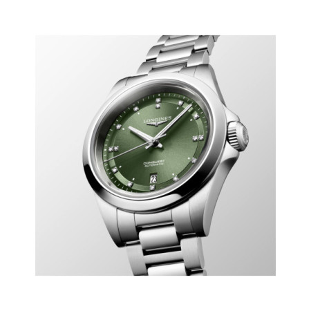Reloj Longines Conquest L3.320.4.07.6. Género: Mujer. Material: Acero. Tamaño: Menos de 32mm. Correa: Acero. Color esfera: Verde. Estilo: Cocktail. Movimiento: Automático. Características técnicas: Calendario,Hora y segundero,Reserva de marcha