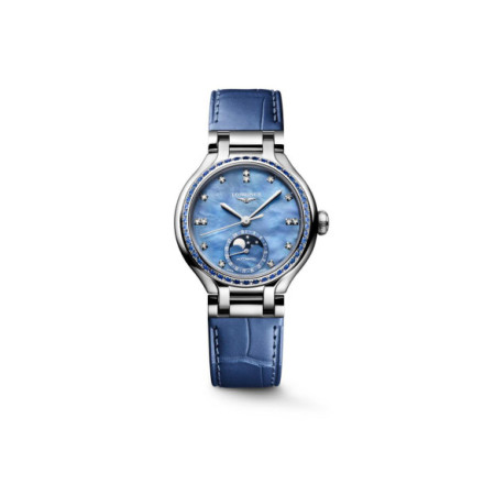 Reloj Longines PrimaLuna Moonphase L8.126.0.97.2. Género: Mujer. Material: Acero. Tamaño: De 32mm a 38mm. Correa: Piel. Color esfera: Nácar. Estilo: Clásico. Movimiento: Automático. Características técnicas: Calendario,Fases lunares,Hora y segundero