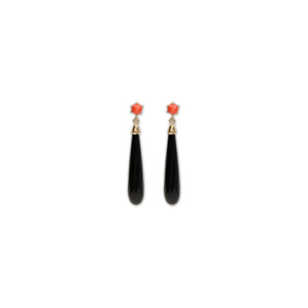 Pendientes Oro Amarillo, Coral Y Ónix. Género: Mujer. Material: Oro amarillo. Piedras: Coral,Onix