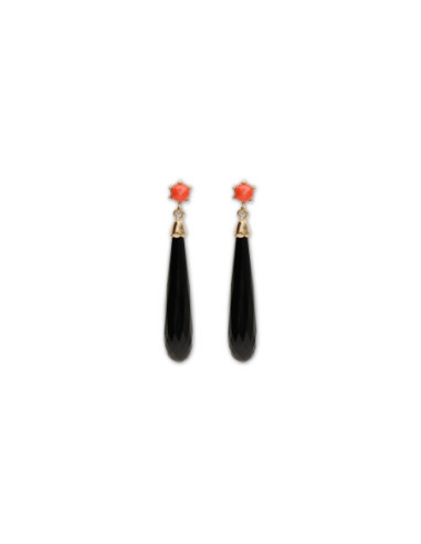 Pendientes Oro Amarillo, Coral Y Ónix