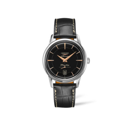 Reloj Longines Flagship Heritage L4.795.4.58.0. Género: Hombre. Material: Acero. Tamaño: De 32mm a 38mm. Correa: Piel. Color esfera: Negro. Estilo: Clásico. Movimiento: Automático. Características técnicas: Calendario,Hora y segundero,Reserva de marcha