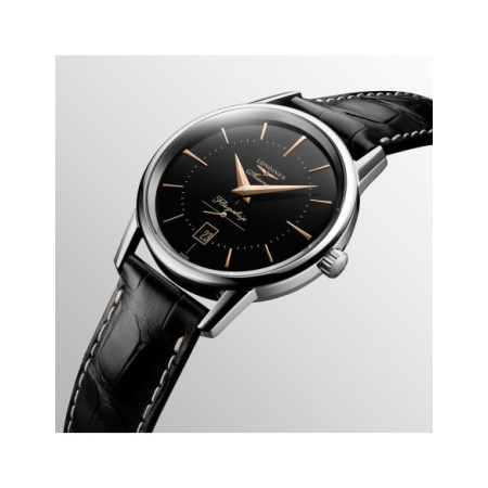 Reloj Longines Flagship Heritage L4.795.4.58.0. Género: Hombre. Material: Acero. Tamaño: De 32mm a 38mm. Correa: Piel. Color esfera: Negro. Estilo: Clásico. Movimiento: Automático. Características técnicas: Calendario,Hora y segundero,Reserva de marcha